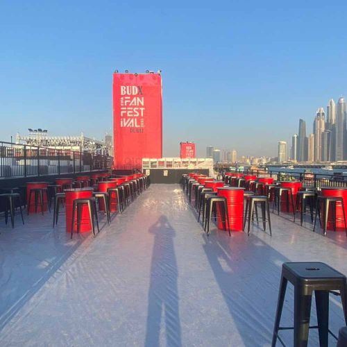 BUDX Fan Fest Event Setup with Custom Barrels in Ras Al Khaimah