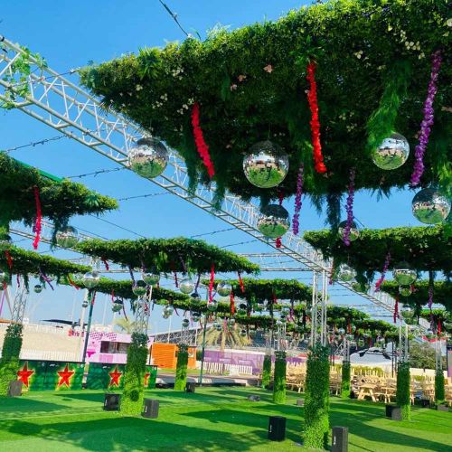 Custom Outdoor Festival Structure with Disco Ball and Greenery in Ras Al Khaimah